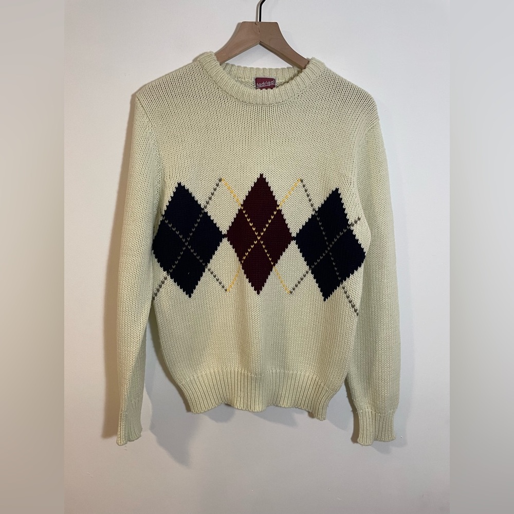 Vintage Madrigal Argyle Crew Neck Sweater Cream Size Medium Eclectic Grandpa